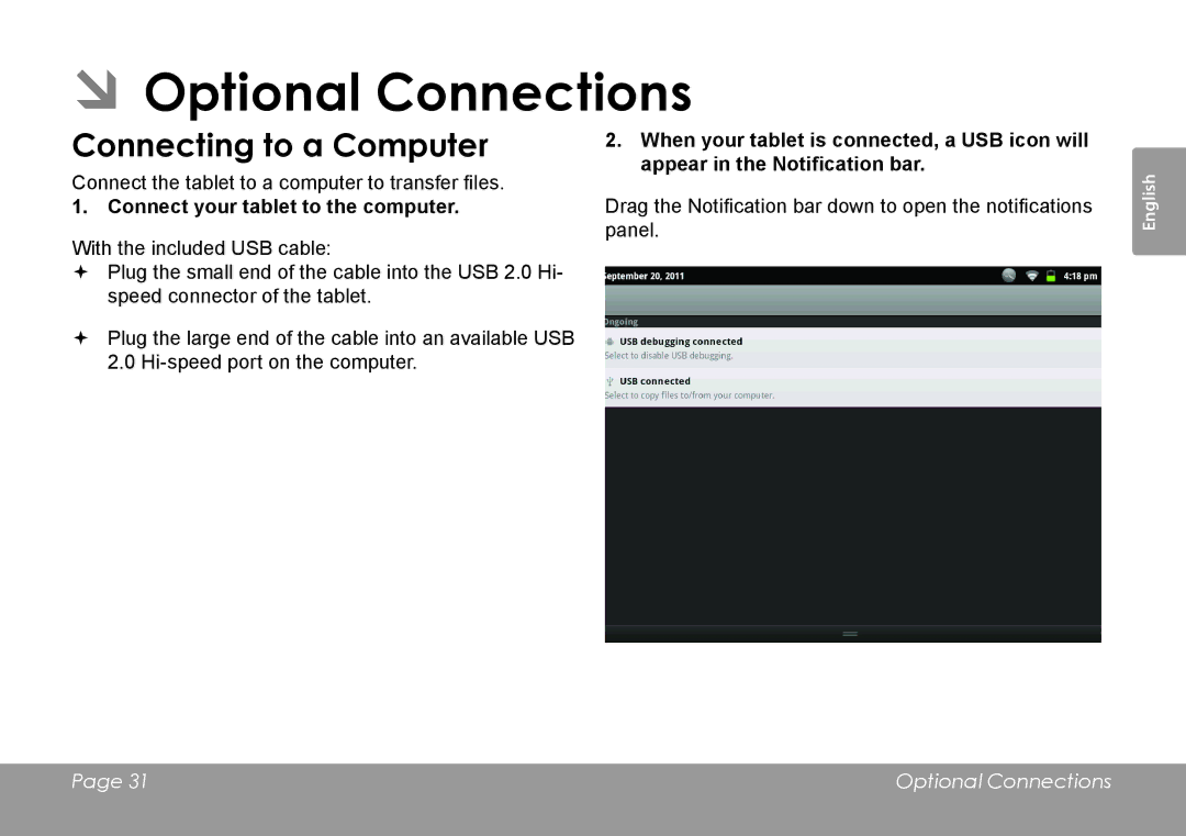 COBY electronic MID1126 quick start ÂÂOptional Connections, Connecting to a Computer, Connect your tablet to the computer 