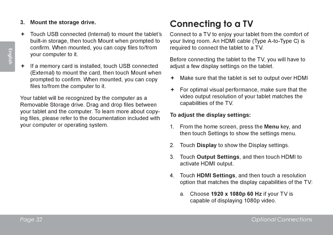 COBY electronic MID1126 quick start Connecting to a TV, Mount the storage drive, To adjust the display settings 