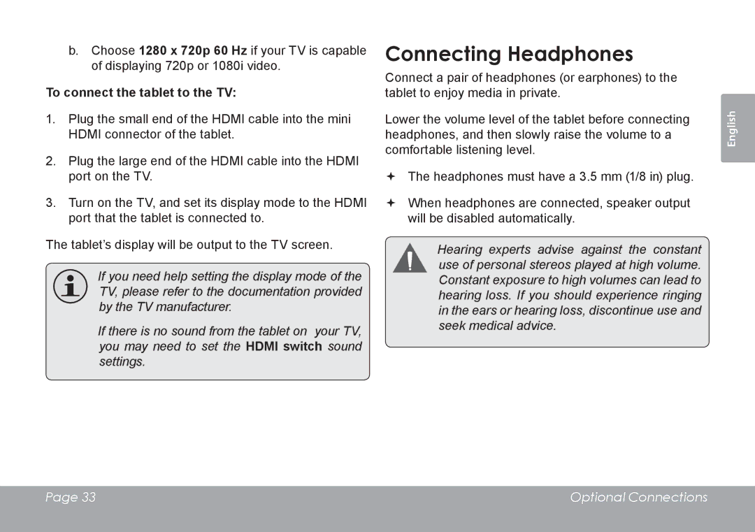 COBY electronic MID1126 quick start Connecting Headphones, To connect the tablet to the TV 