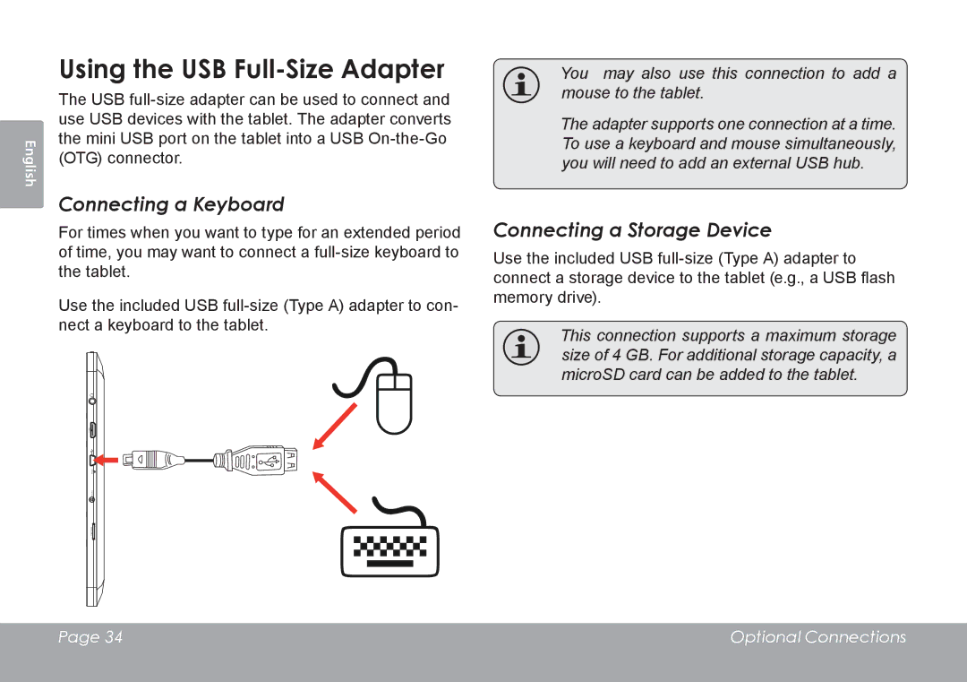 COBY electronic MID1126 quick start Using the USB Full-Size Adapter, Connecting a Keyboard, Connecting a Storage Device 