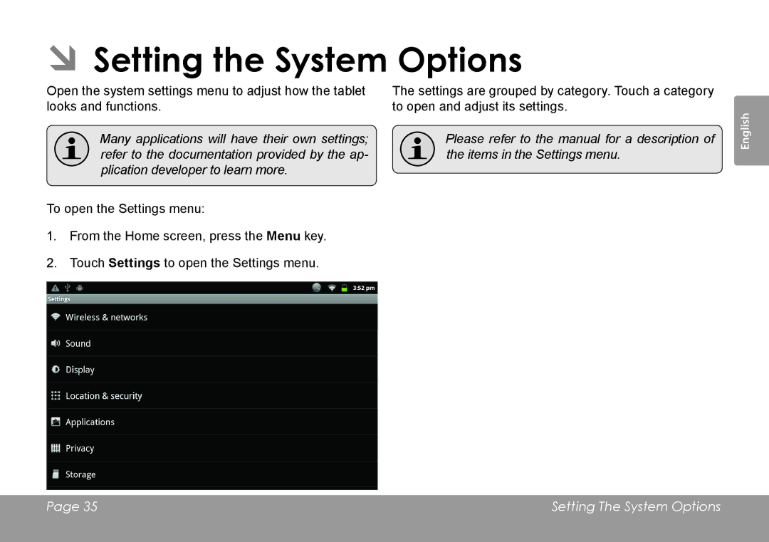 COBY electronic MID1126 quick start ÂÂSetting the System Options 