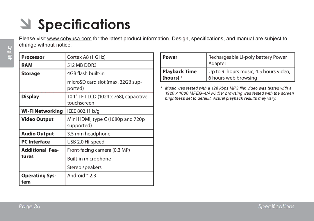 COBY electronic MID1126 quick start ÂÂSpecifications 