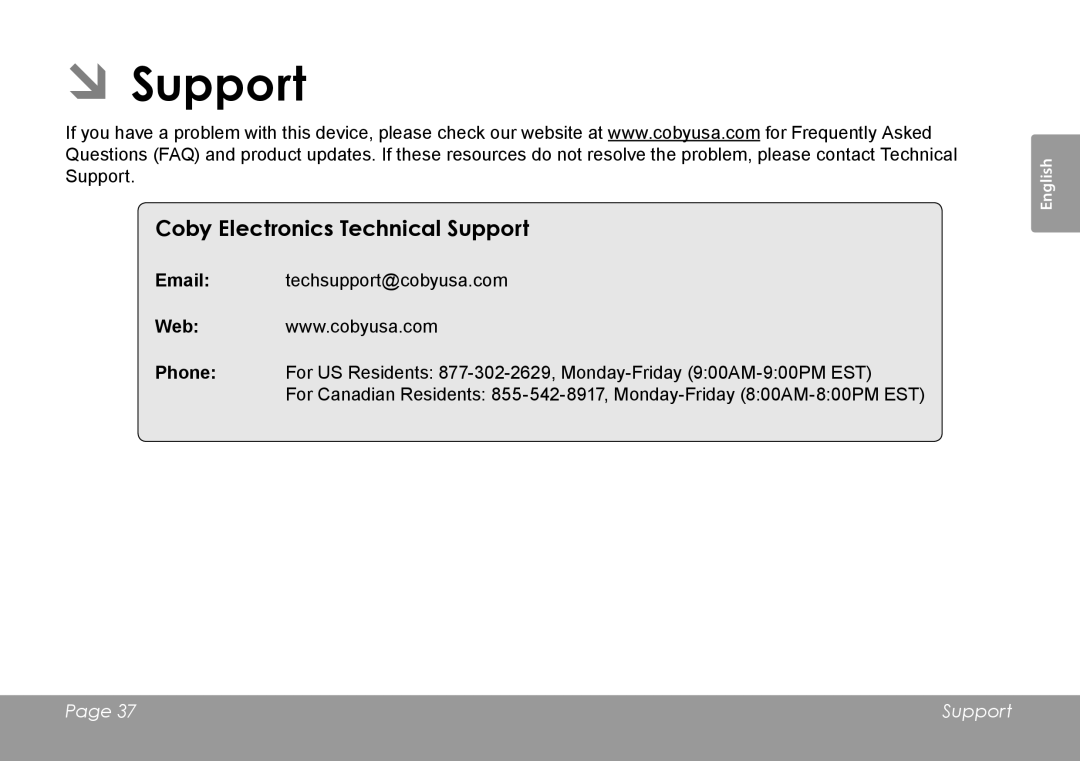 COBY electronic MID1126 quick start ÂÂSupport, Coby Electronics Technical Support 