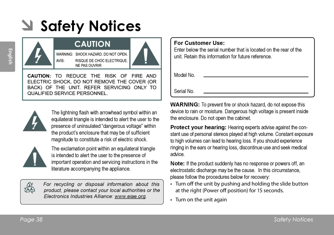 COBY electronic MID1126 quick start ÂÂSafety Notices, For Customer Use 