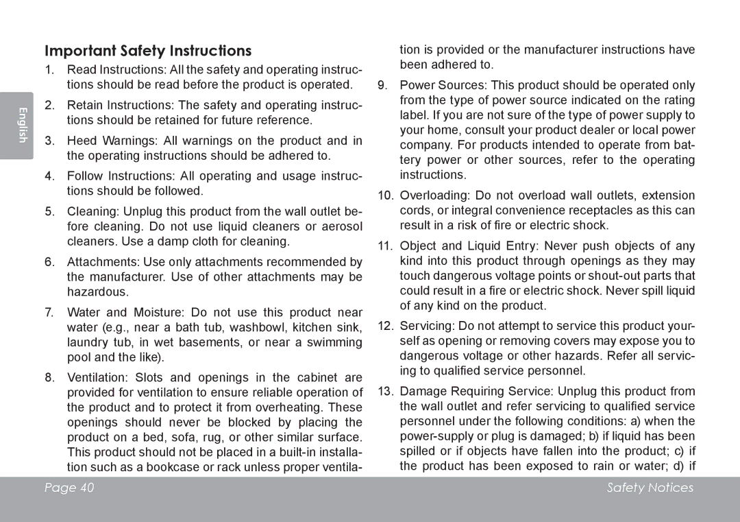 COBY electronic MID1126 quick start Important Safety Instructions 