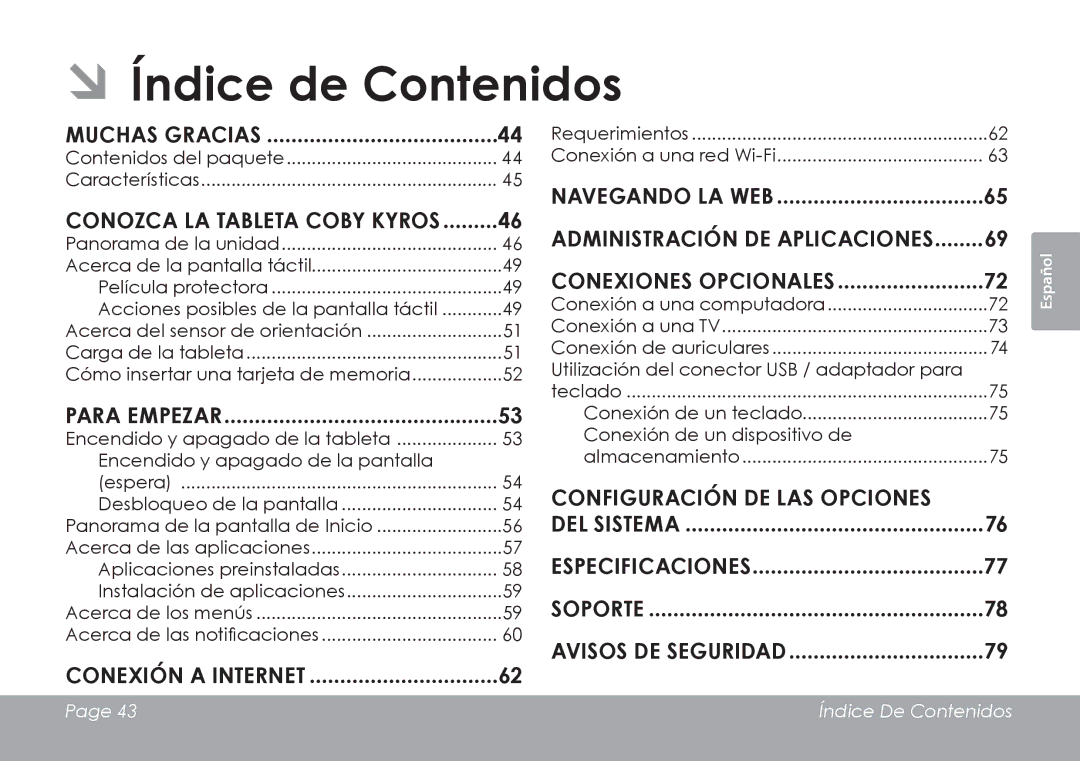 COBY electronic MID1126 quick start ÂÂÍndice de Contenidos, Muchas gracias, Conozca la tableta Coby Kyros, Para empezar 