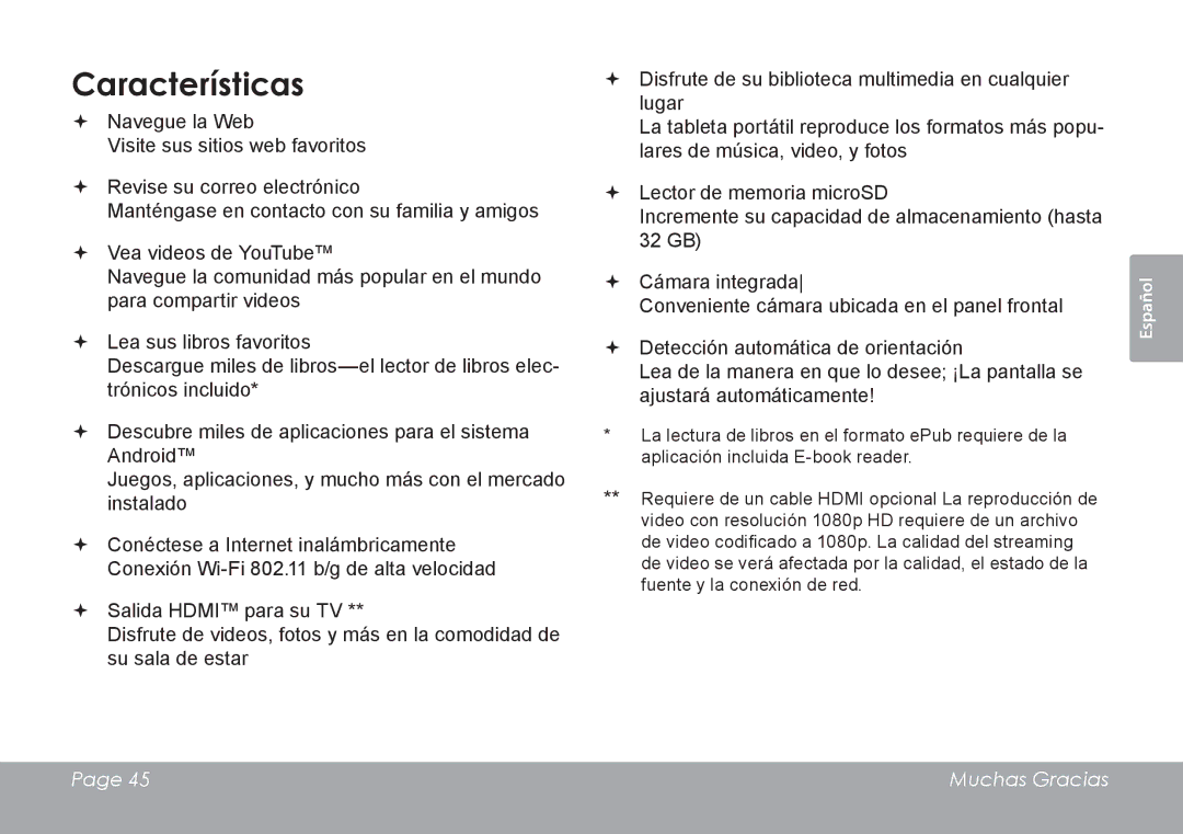 COBY electronic MID1126 quick start Características 