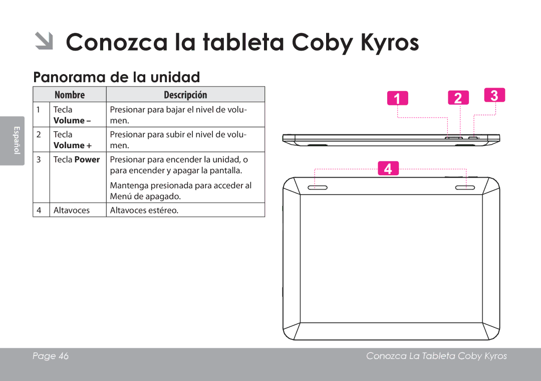 COBY electronic MID1126 quick start ÂÂConozca la tableta Coby Kyros, Panorama de la unidad, Volume + 