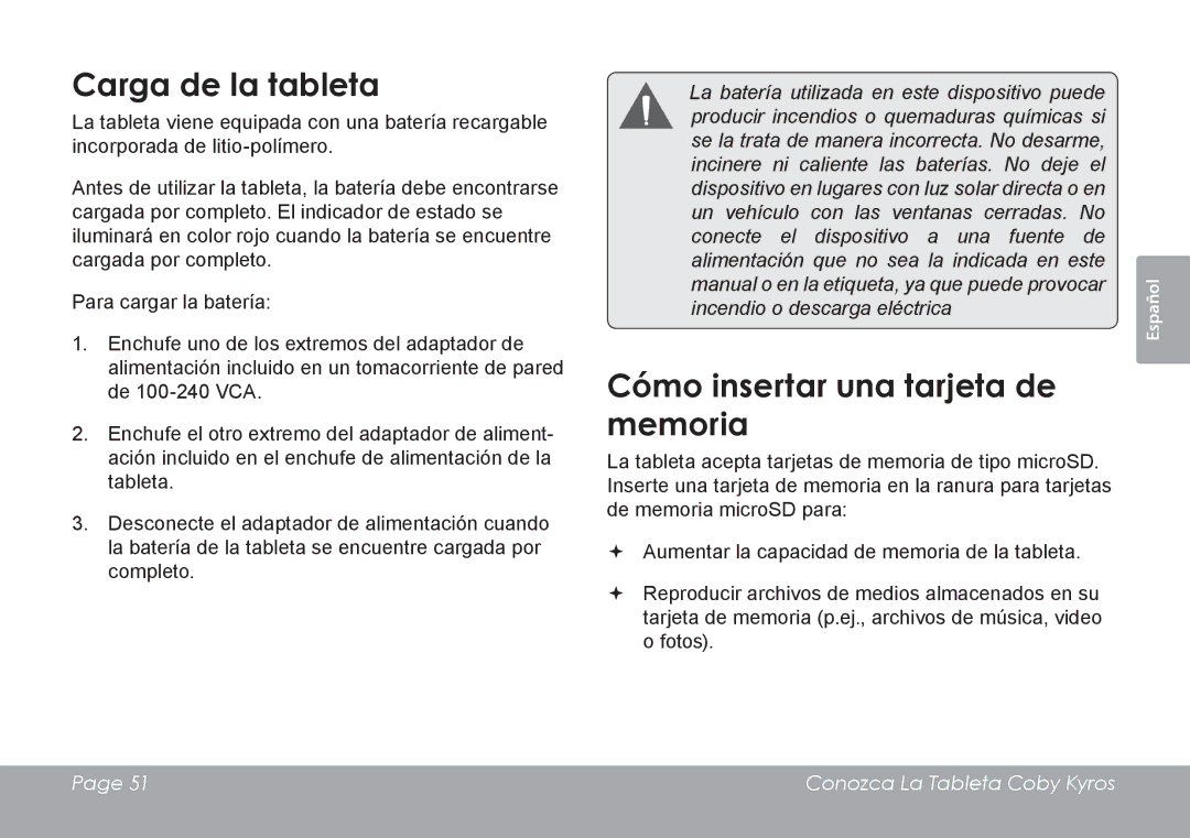 COBY electronic MID1126 quick start Carga de la tableta, Cómo insertar una tarjeta de memoria 