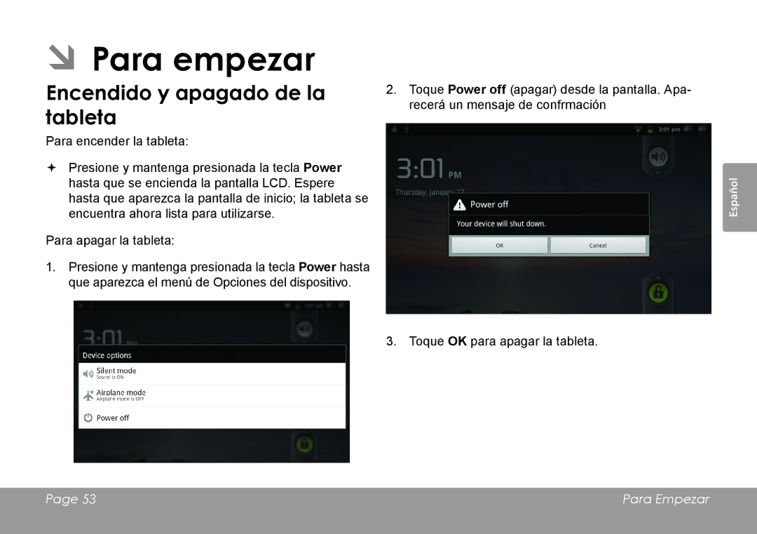 COBY electronic MID1126 quick start ÂÂPara empezar, Encendido y apagado de la tableta 