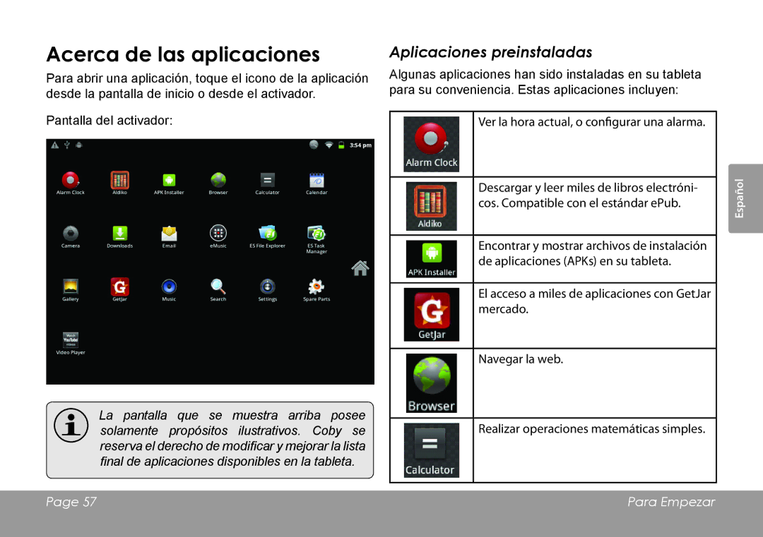 COBY electronic MID1126 quick start Acerca de las aplicaciones, Aplicaciones preinstaladas 