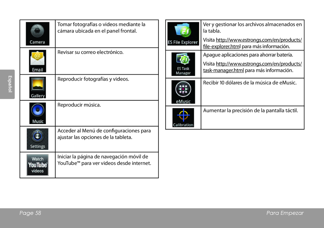 COBY electronic MID1126 quick start Para Empezar 