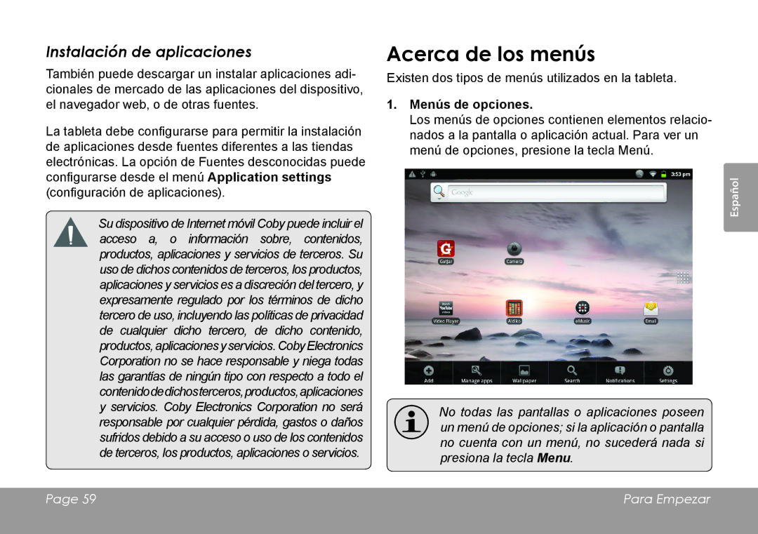 COBY electronic MID1126 quick start Acerca de los menús, Instalación de aplicaciones, Menús de opciones 