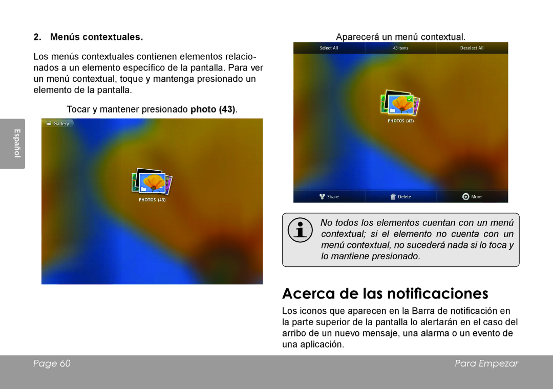 COBY electronic MID1126 quick start Acerca de las notificaciones, Menús contextuales 