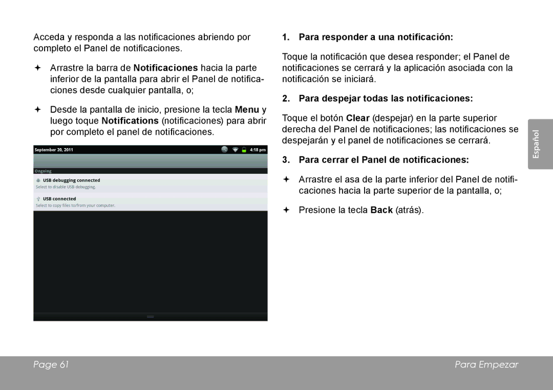 COBY electronic MID1126 quick start Para responder a una notificación, Para despejar todas las notificaciones 