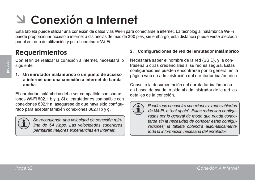 COBY electronic MID1126 quick start ÂÂConexión a Internet, Requerimientos, Configuraciones de red del enrutador inalámbrico 