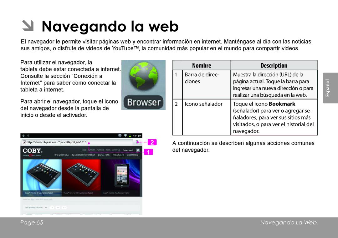 COBY electronic MID1126 quick start ÂÂNavegando la web, Nombre Description 