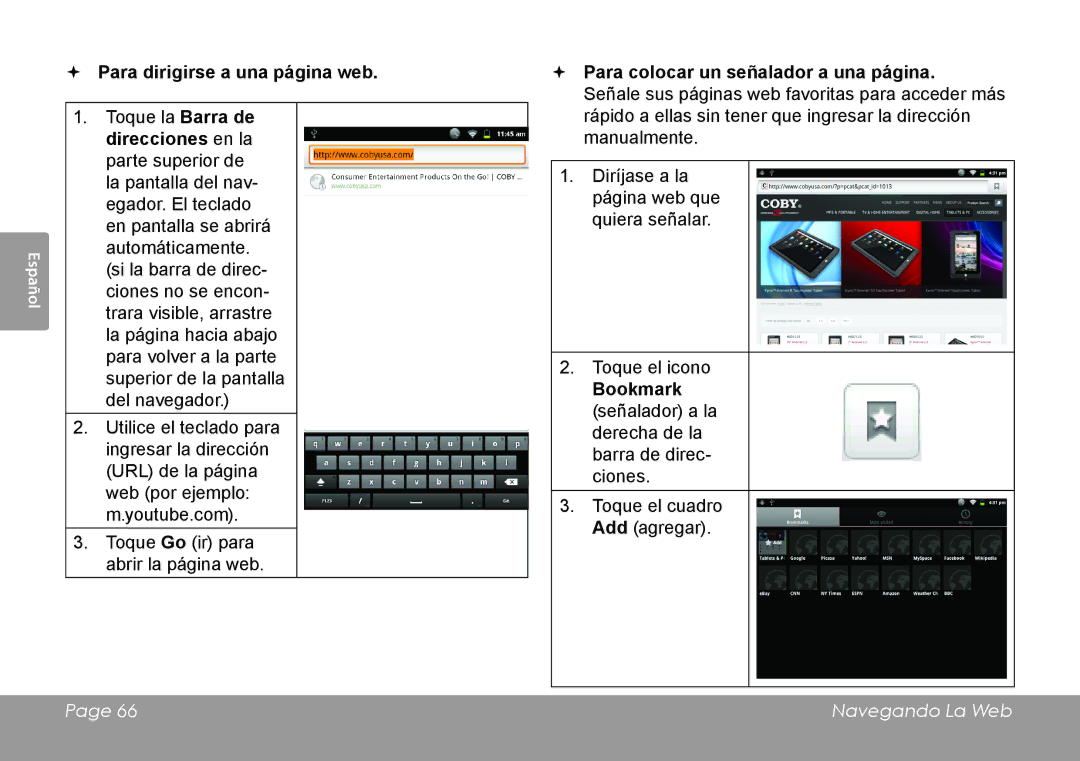 COBY electronic MID1126 quick start  Para dirigirse a una página web,  Para colocar un señalador a una página 