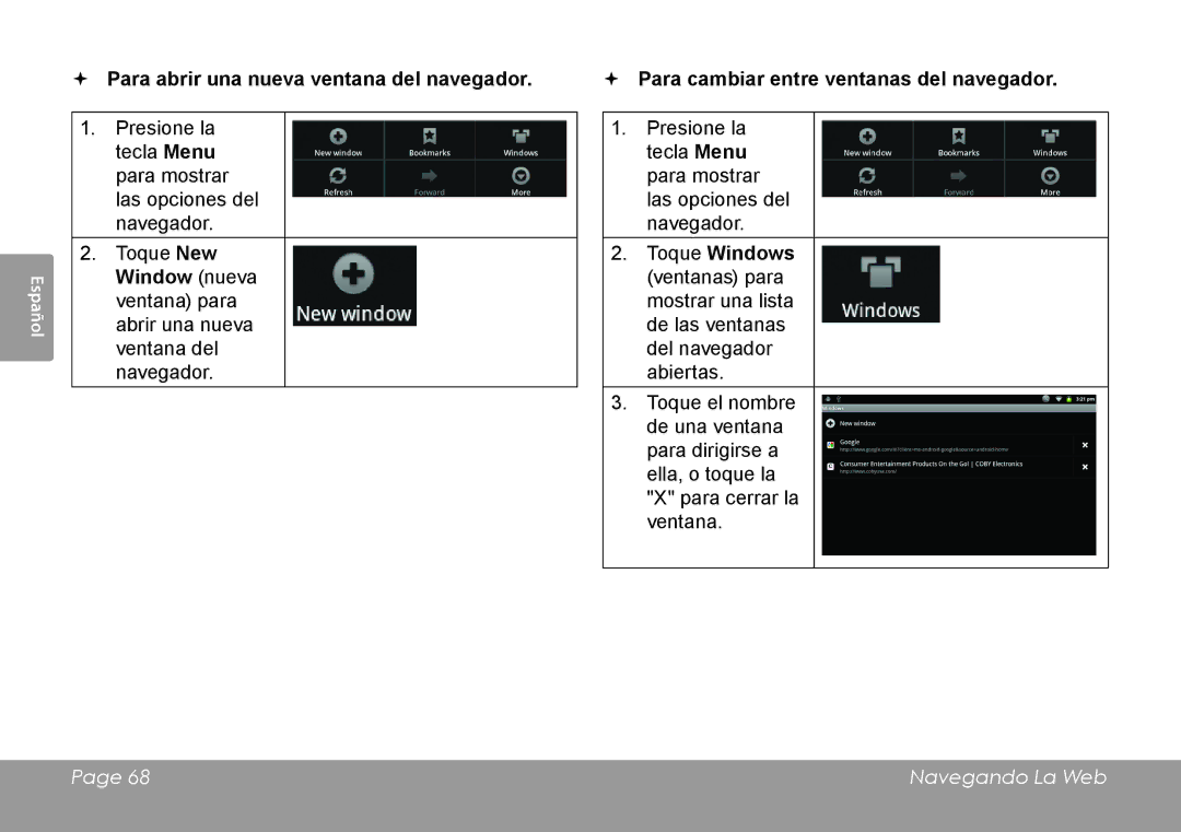 COBY electronic MID1126  Para abrir una nueva ventana del navegador,  Para cambiar entre ventanas del navegador 