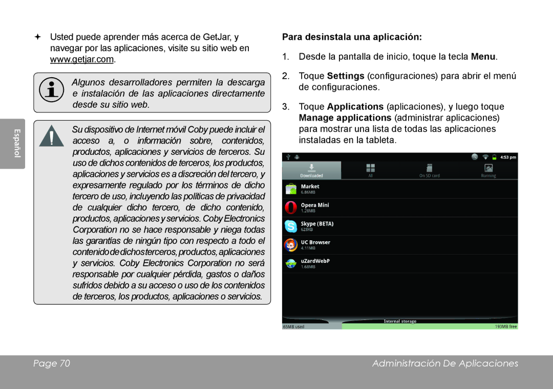 COBY electronic MID1126 quick start Para desinstala una aplicación 