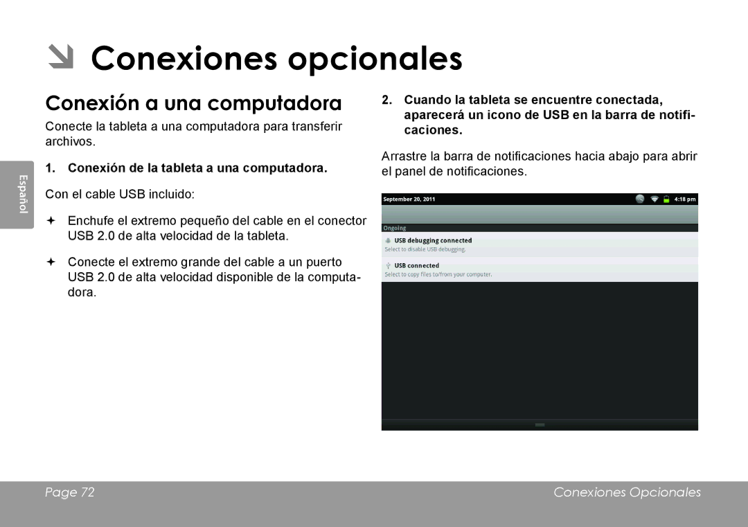 COBY electronic MID1126 ÂÂConexiones opcionales, Conexión a una computadora, Conexión de la tableta a una computadora 