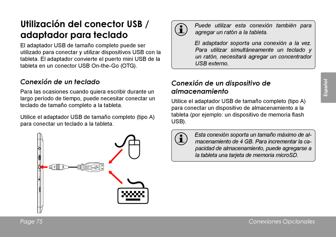 COBY electronic MID1126 quick start Utilización del conector USB / adaptador para teclado, Conexión de un teclado 