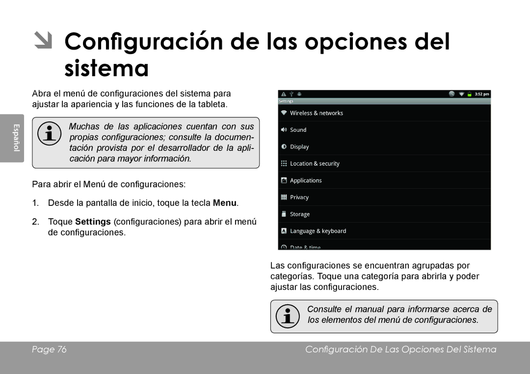 COBY electronic MID1126 quick start ÂÂConfiguración de las opciones del sistema 