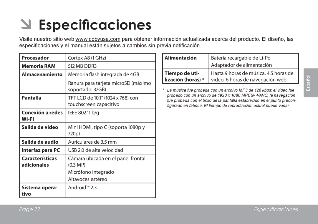 COBY electronic MID1126 quick start ÂÂEspecificaciones 