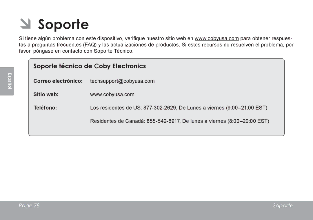 COBY electronic MID1126 quick start ÂÂSoporte, Soporte técnico de Coby Electronics, Sitio web 