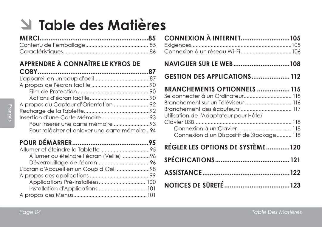 COBY electronic MID1126 ÂÂTable des Matières, Merci Connexion à Internet 105, Apprendre à connaître le Kyros de Coby 