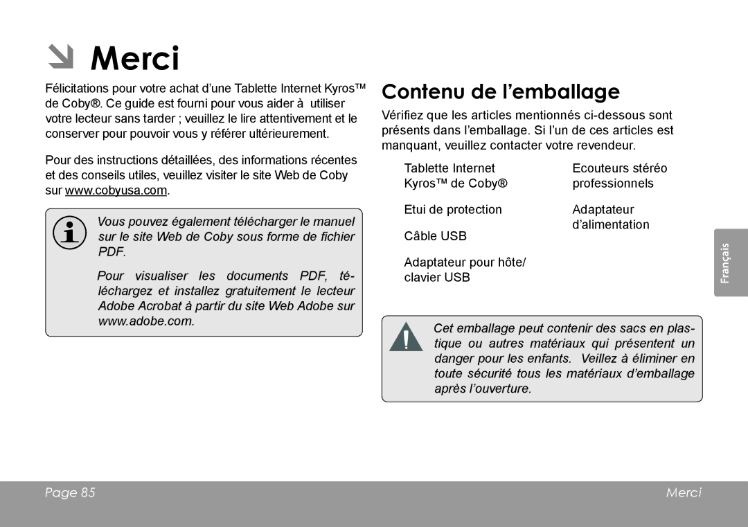 COBY electronic MID1126 quick start ÂÂMerci, Contenu de l’emballage 