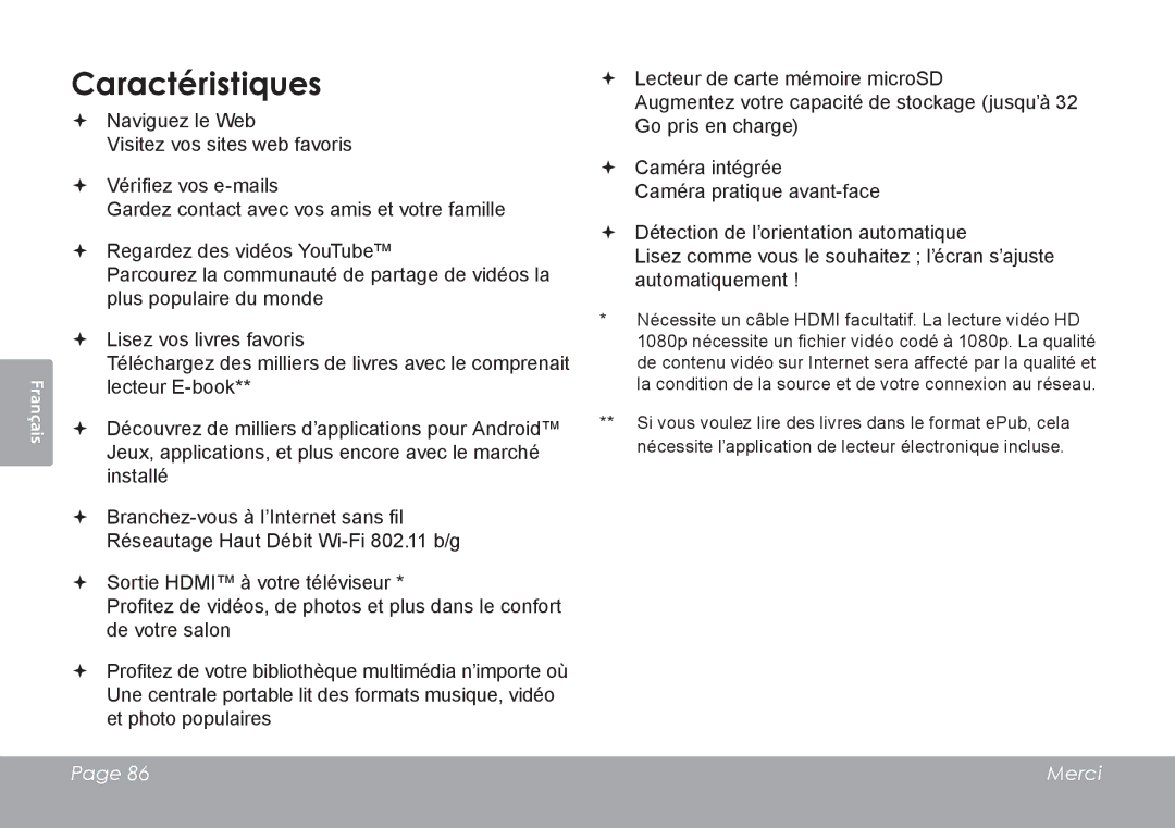 COBY electronic MID1126 quick start Caractéristiques 