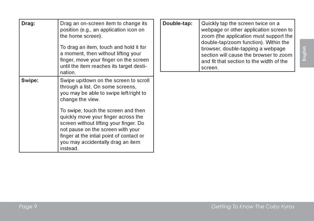 COBY electronic MID1126 quick start Drag, Double-tap, Swipe 