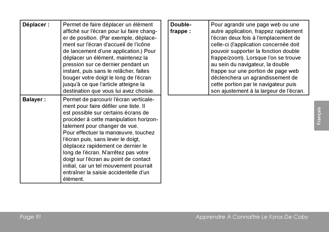 COBY electronic MID1126 quick start Déplacer, Balayer, Double, Frappe 