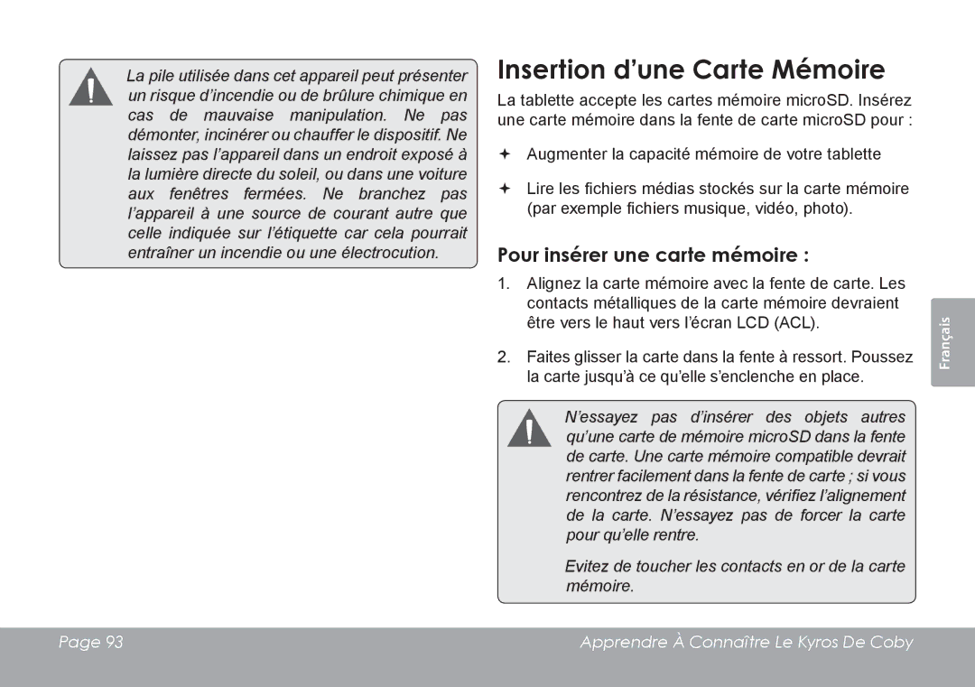 COBY electronic MID1126 quick start Insertion d’une Carte Mémoire, Pour insérer une carte mémoire 