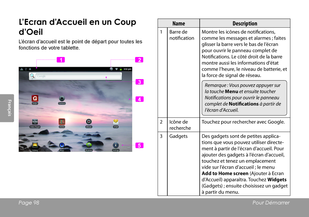 COBY electronic MID1126 quick start ’Ecran d’Accueil en un Coup d’Oeil, Add to Home screen Ajouter à Ecran 