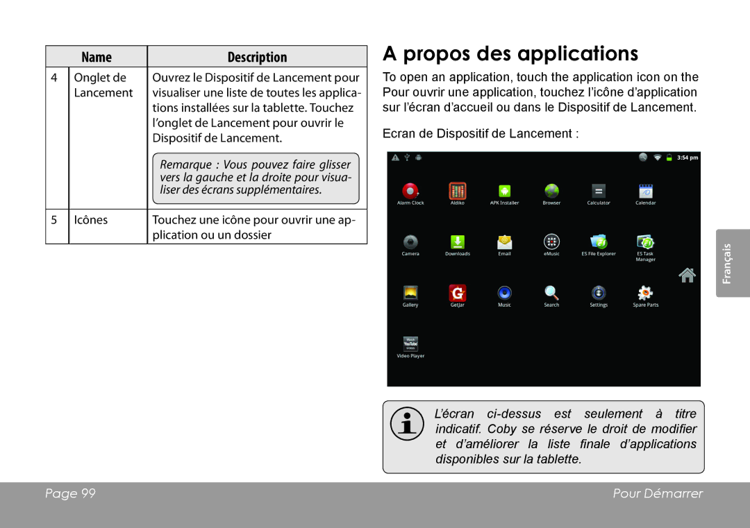 COBY electronic MID1126 quick start Propos des applications 