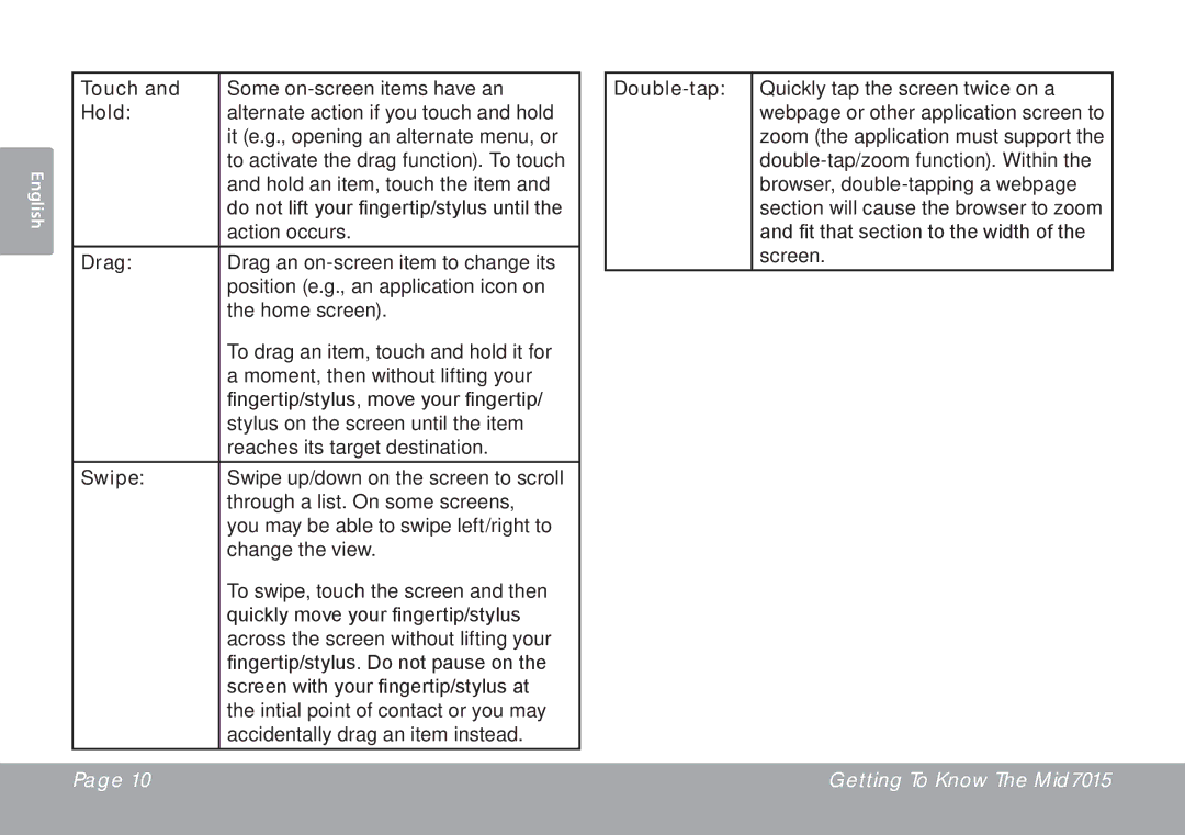 COBY electronic MID7015-4G quick start Hold, Drag, Swipe, Double-tap 