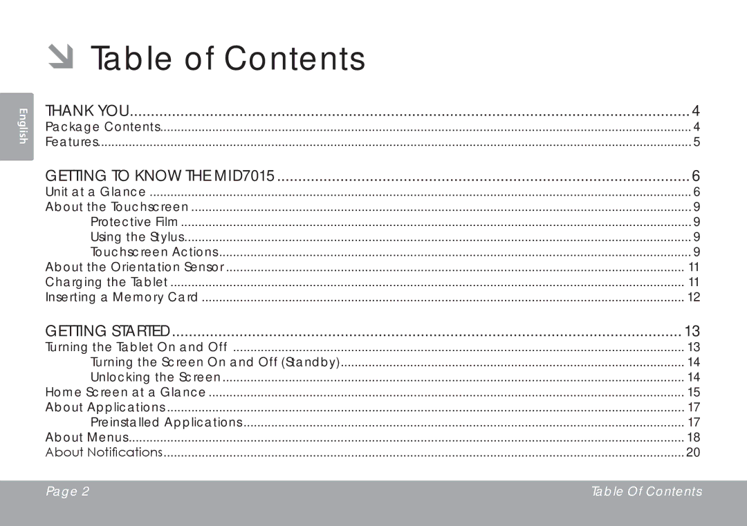 COBY electronic MID7015-4G quick start ÂÂTable of Contents 