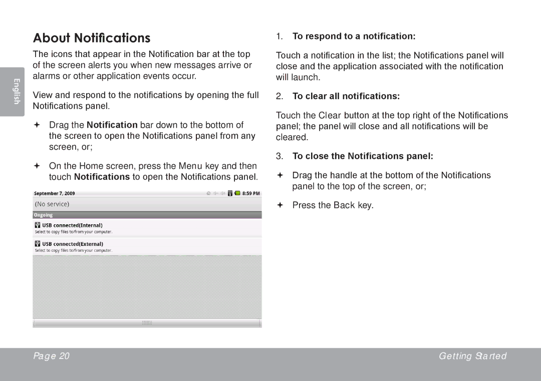 COBY electronic MID7015-4G quick start About Notifications, To respond to a notification, To clear all notifications 