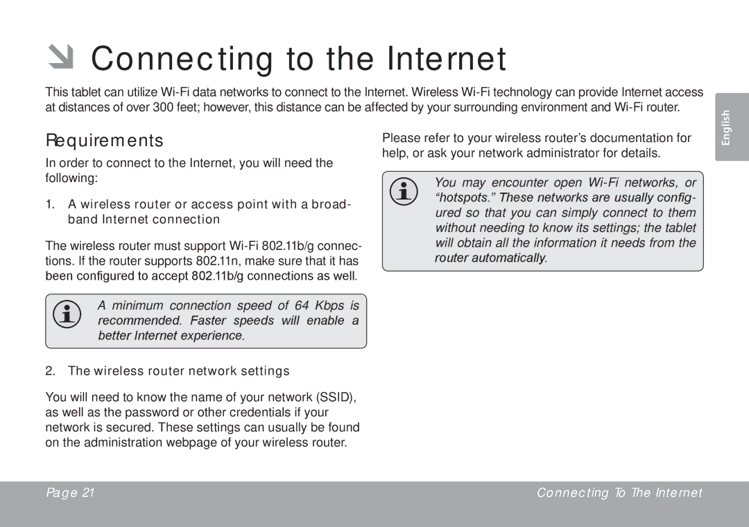 COBY electronic MID7015-4G quick start ÂÂConnecting to the Internet, Requirements, Wireless router network settings 