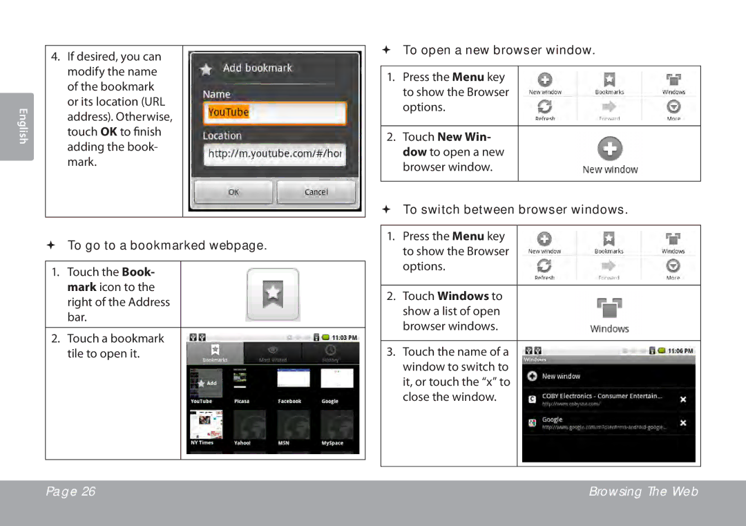 COBY electronic MID7015-4G quick start  To go to a bookmarked webpage,  To open a new browser window 