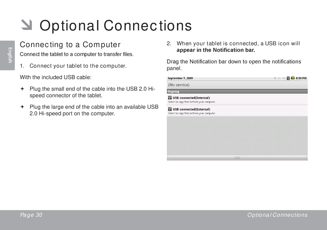 COBY electronic MID7015-4G ÂÂOptional Connections, Connecting to a Computer, Connect your tablet to the computer 