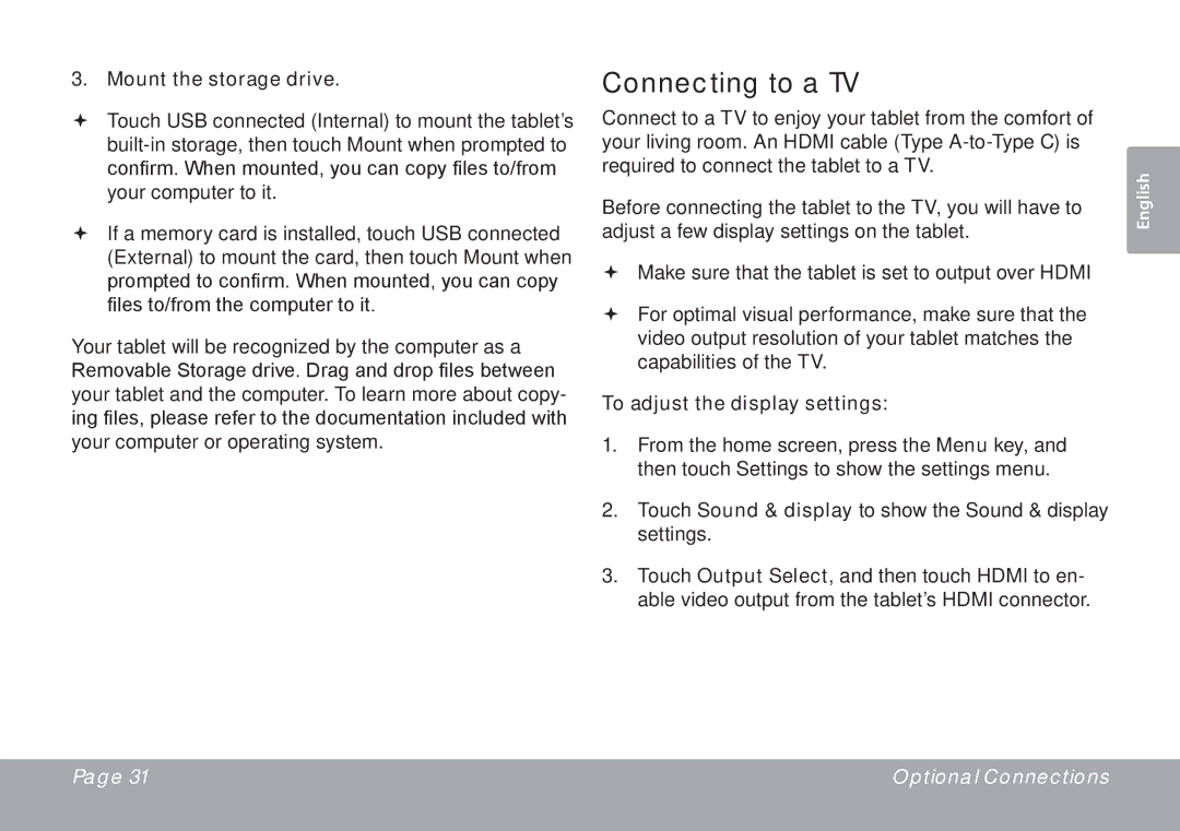 COBY electronic MID7015-4G quick start Connecting to a TV, Mount the storage drive, To adjust the display settings 