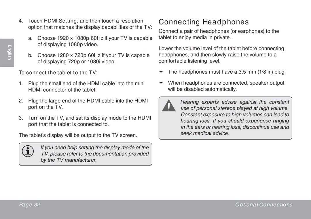 COBY electronic MID7015-4G quick start Connecting Headphones, To connect the tablet to the TV 