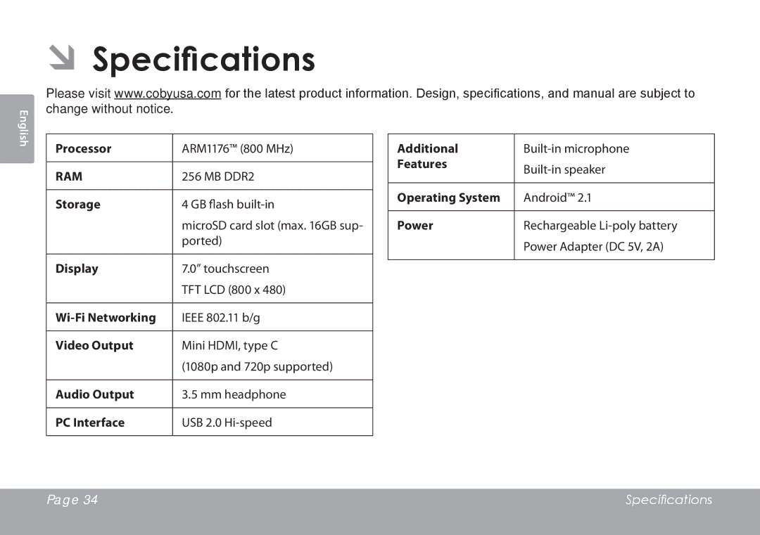 COBY electronic MID7015-4G quick start ÂÂSpecifications 