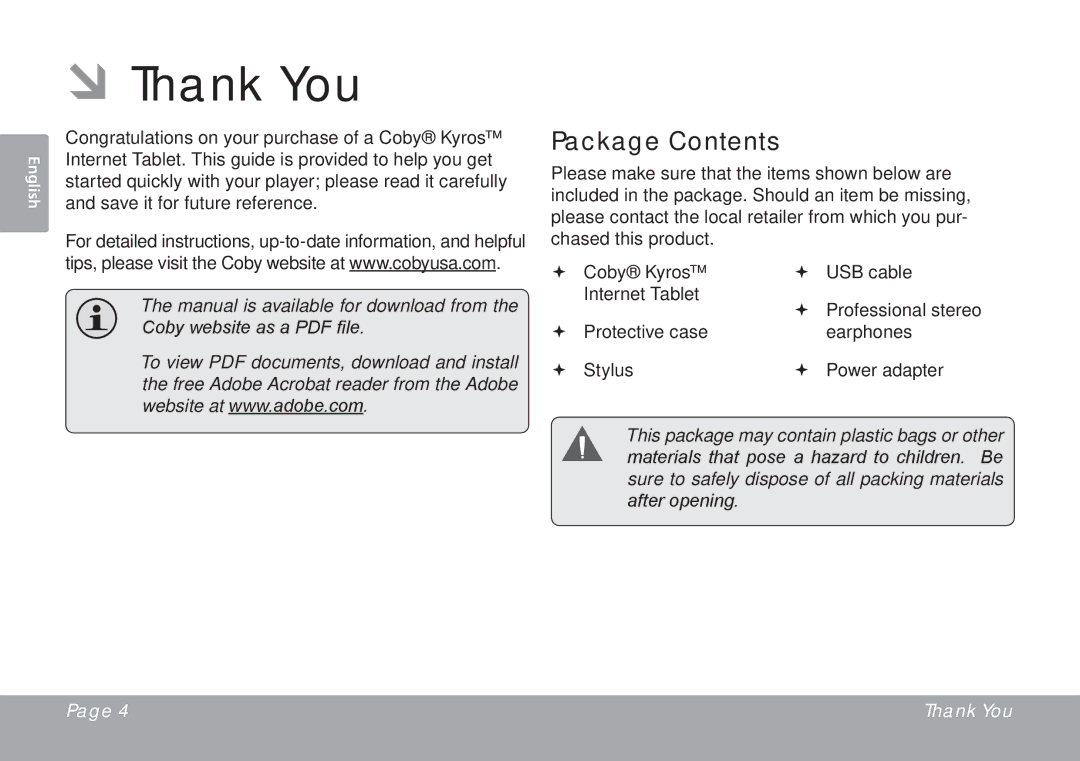 COBY electronic MID7015-4G quick start ÂÂThank You, Package Contents 