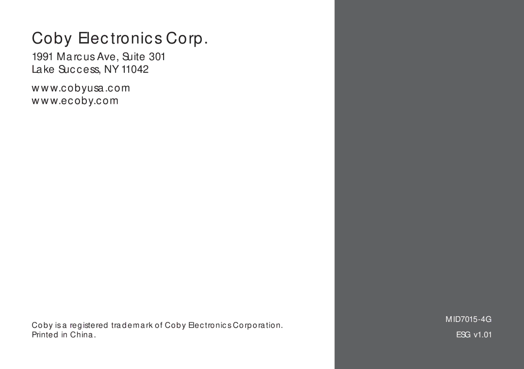 COBY electronic MID7015-4G quick start Coby Electronics Corp 