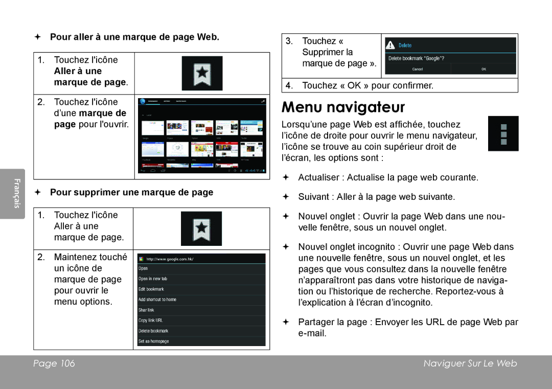 COBY electronic MID7042 manual Menu navigateur,  Pour supprimer une marque de 