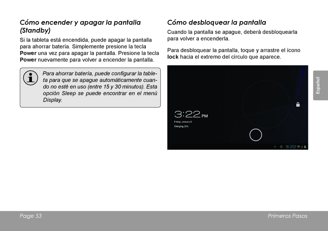 COBY electronic MID7042 manual Cómo encender y apagar la pantalla Standby, Cómo desbloquear la pantalla 